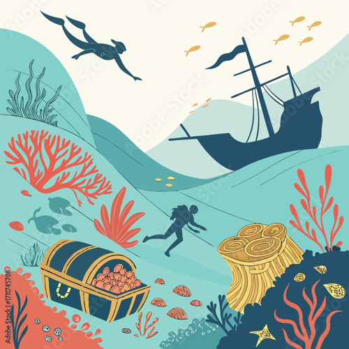 Vector art of a colorful illustration of divers exploring a sunken ship and treasure chest on the ocean floor, with coral, fish, and other sea life, with a diver above the sunken ship