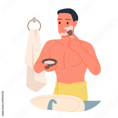 Daily shaving routine of man in home bathroom in morning. Young guy holding brush and cream to shave, character with beard of soap foam and bubbles shaving cheeks cartoon vector illustration