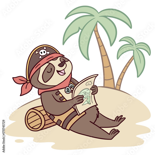 Vector art of a cheerful sloth pirate relaxes on a tropical island, reading a treasure map, embodying a whimsical blend of adventure and laidback island life