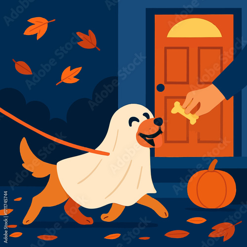 A cheerful golden retriever dog, playfully dressed in a ghost costume, happily approaches an orange door for a Halloween treat on a crisp autumn evening.