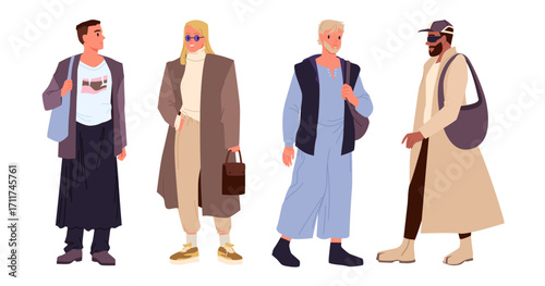 Fashion men in modern trendy outfits set. Young handsome guys wear clothes and hats in casual style, male models standing and walking in stylish sunglasses, classy coats cartoon