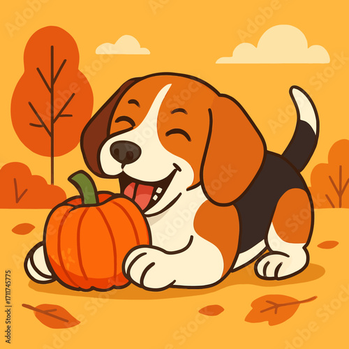 A wonderfully cheerful beagle puppy joyfully interacts with a bright orange pumpkin amidst a vibrant autumn landscape, celebrating the festive spirit of Halloween.