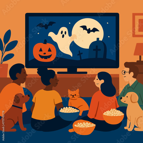 A diverse family and their beloved pets gather together in a cozy living room, enjoying a festive Halloween movie night with popcorn.
