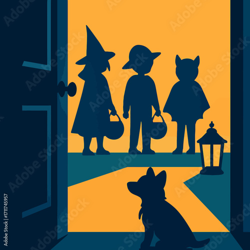 Silhouettes of three costumed children, a witch, and a cat, prepare for trick-or-treating at a doorstep with a curious dog on Halloween night.