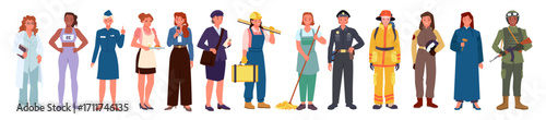 Women of different professions and career set. Young female characters with various professional occupation, front portraits of happy smiling girls workers in uniform cartoon vector illustration
