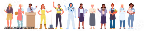 Women of different professions and career set. Young female characters with various professional occupation, front portraits of happy smiling girls workers in uniform cartoon vector illustration