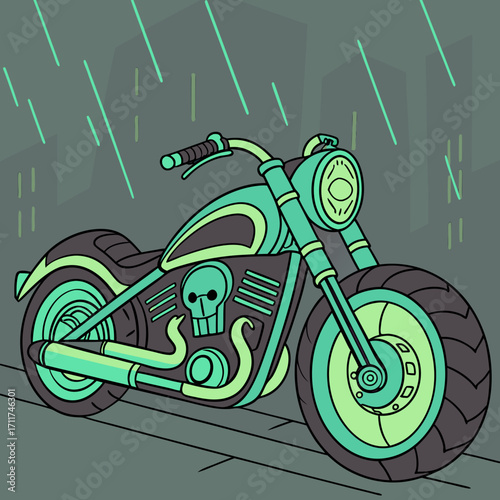 Vector art of a stylized cartoon motorcycle is parked on a city street during a rainstorm, with tall buildings in the background and a skull design on the motorcycles body