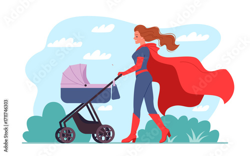 Happy Mothers Day, supermom character walking with stroller. Young woman in superhero costume and red cape carrying pram with infant baby child, babysitting with love cartoon vector illustration