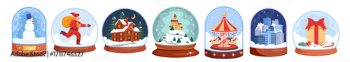 Christmas glass snow globes set. Crystal balls with winter snowy city landscape and houses, gift box and Santa Claus running with bag, Christmas tree, snowman and ballerina cartoon.