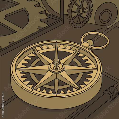 Vector art of a steampunk compass with intricate gears and cogs, symbolizing exploration, navigation, and the fusion of technology and adventure in a vintage setting
