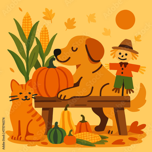 A charming autumnal illustration depicts a friendly dog and cat surrounded by vibrant pumpkins, golden corn, and a festive scarecrow, celebrating the harvest season.