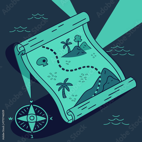 Vector art of a treasure map with a skull marking the spot, palm trees, mountains, and a compass pointing the way to hidden riches and adventure