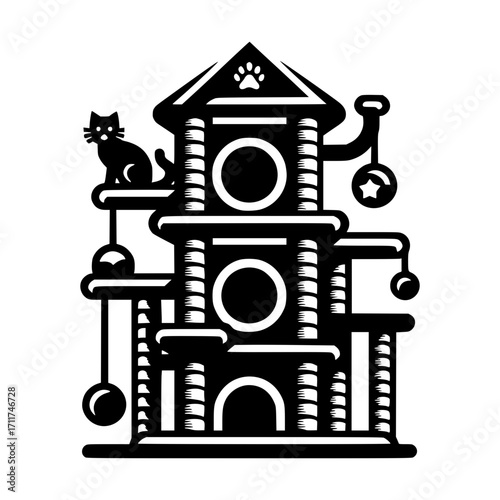 Cat tree icon, pet activity tower black vector icon with transparent background 