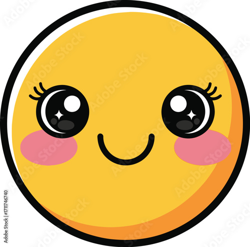 Cute kawaii emoji with big eyes and rosy cheeks expressing happiness and positivity on a white background for social media and digital communication
