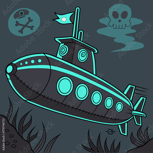 Vector art of a whimsical cartoon submarine with piratethemed elements, exploring the ocean depths with a skull and crossbones flag and a mysterious, adventurous atmosphere