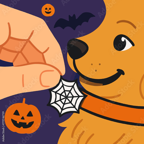 A human hand carefully places a spiderweb charm onto a happy dog's collar, perfectly capturing the festive and playful spirit of Halloween with fun decorations.