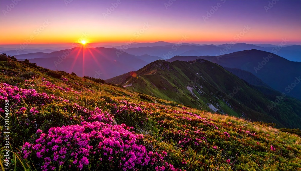 Obraz premium Majestic Mountain Sunset with Vibrant Rhododendrons in the Foreground.