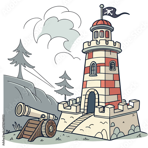 Vector art of a whimsical pirate outpost stands proudly with a cannon guarding the coast, a cartoon lighthouse with a pirate flag against a cloudy sky