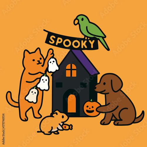A friendly cat, dog, hamster, and parrot are cheerfully decorating a spooky house with ghosts, pumpkins, and candy for a festive Halloween celebration.