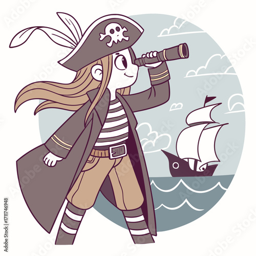 Vector art of a young pirate girl with a spyglass searches the horizon for a ship, a cartoon character on the sea with a sailing vessel