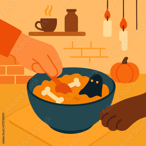 A charming illustration captures the spirit of Halloween as hands prepare a festive, bone-filled stew with a playful ghost, surrounded by cozy autumnal decor.