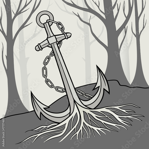 Vector art of an anchor with roots growing out of the bottom is shown in a grayscale illustration, set against a backdrop of trees, creating a unique and symbolic visual narrative