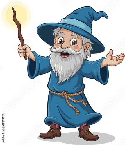 Cute cartoon wizard holding magic wand, fantasy character, old mage, blue robe, magical spell, fairy tale, children's illustration, vector art, enchanted wizard, whimsical fantasy