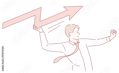 This illustration shows business growth with a person lifting a large upward arrow, symbolizing success and ambition