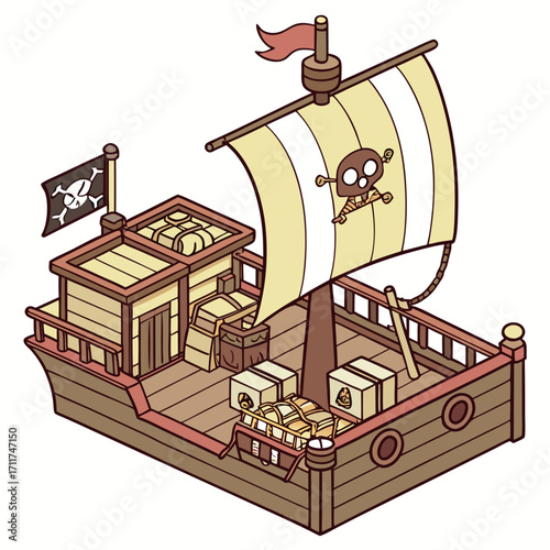 Vector art of isometric pirate ship illustration, featuring a skull and crossbones flag, treasure chests, and wooden planks, evoking adventure