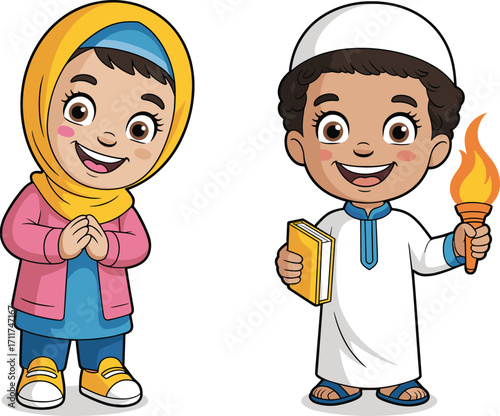 Cute Muslim children cartoon, girl praying with hands folded, boy holding Quran and torch, Islamic education, religious learning, cultural values, kids illustration, vector art, faith