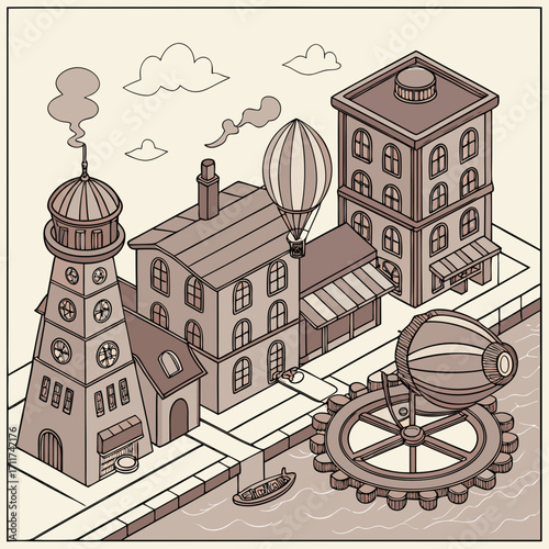 Vector art of isometric steampunk city, featuring vintage architecture and fantastical elements, perfect for creative and imaginative projects