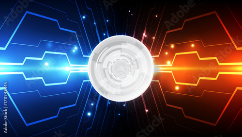 Futuristic Blue and Orange Circuit Energy with Glowing White Core Digital Technology Vector Illustration Background