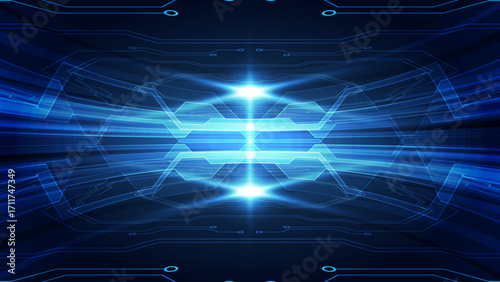 Futuristic Blue Neon Circuit Flow with Abstract Speed Lines and Digital Technology Vector Illustration Background