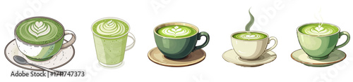 Five Artistic Illustrations Of Matcha Beverages In Various Vessels With Decorative Foam. Vector Illustration Collection Set