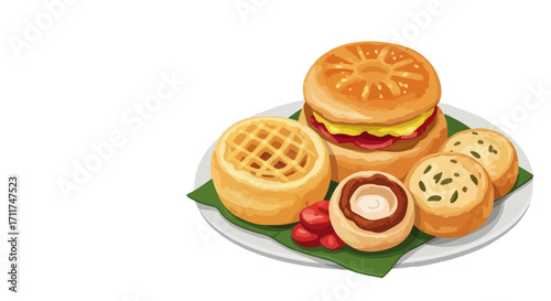 A Delicious and Wholesome Breakfast Spread Featuring a Burger, Waffles, and Savory Muffins