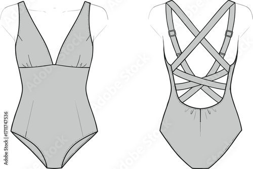 One-piece swimsuit technical drawing, front and back view, fashion design sketch, vector illustration, swimwear pattern, women's swimwear, minimalist style, garment template, beachwear design
