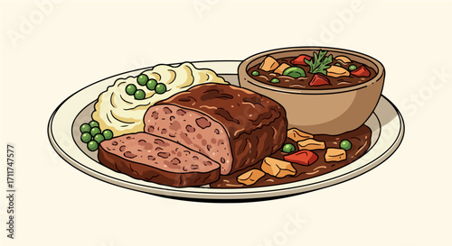 Comfort Food Platter Meatloaf, Mashed Potatoes, Peas, and Stew Illustration
