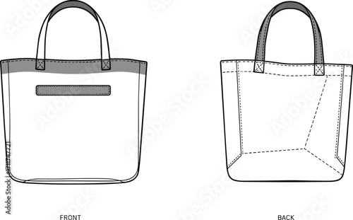 Tote bag technical drawing, front and back view, fashion design sketch, vector illustration, garment pattern, handbag template, sewing guide, minimalist style, fashion product design, digital mockup
