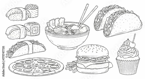Set of delicious fast food items, including tacos, sushi, pizza, burgers, and cupcakes, presented in a clean line art style
