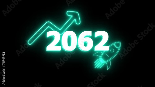 Wallpaper Mural Neon 2062 year with upward arrow graph and rocket ship icon on black background new year Glow Against Dark Jahreswechsel, Schrift mit Neonschein 4k video Background animation Torontodigital.ca