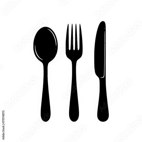 Elegant black silhouette vector icon of a complete dinner cutlery set: spoon, four-tined fork, and butter knife, symbolizing food, restaurant, and eating.