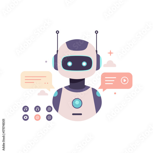 Artificial intelligence chatbot concept with robot avatar surrounded by communication and media icons, representing modern digital assistant and automated customer service