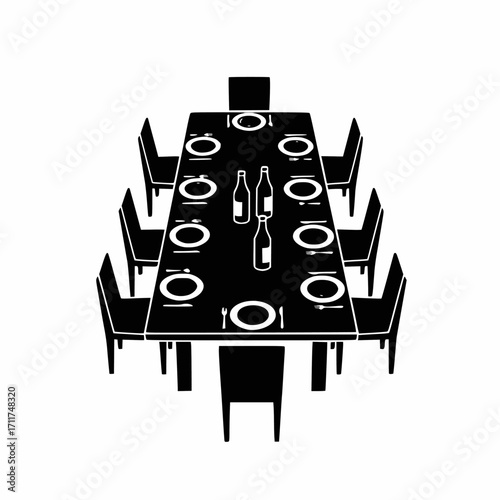 A top-down vector graphic of a long dining table set for dinner with 12 chairs, plates, and bottles.