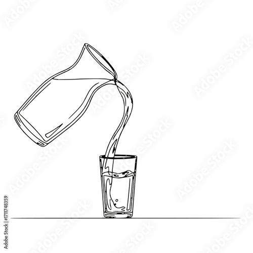 A line art vector illustration of a liquid being poured from a jug into a glass.