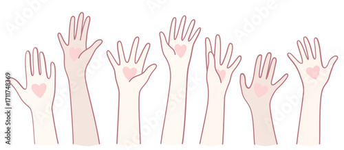 The illustration shows diverse hands raised high, each with a heart, symbolizing love and community spirit