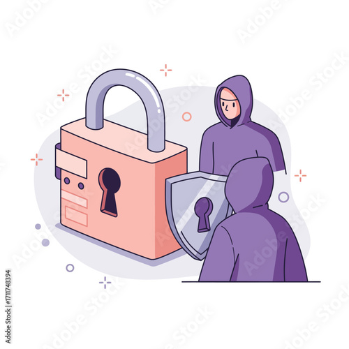 Concept illustration of robust digital security, featuring a strong padlock and protective shield defending sensitive online data from cyber threats and anonymous hackers
