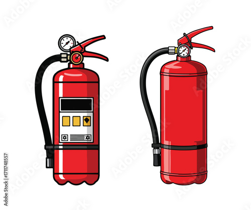 Fire extinguisher set. Red emergency firefighting equipment. Vector illustration