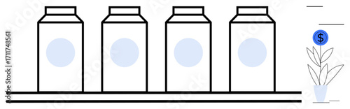 Four milk cartons neatly lined up on a shelf with a minimalist plant and dollar sign, symbolizing financial growth, sustainability, product value. Ideal for retail, branding, finance, sustainability