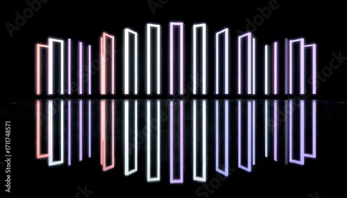 Abstract architectural shapes, neon-lit, reflected