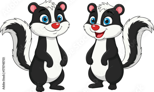 Cute cartoon skunks standing together, funny black and white forest animals, adorable wildlife characters illustration, happy skunk design for children artwork